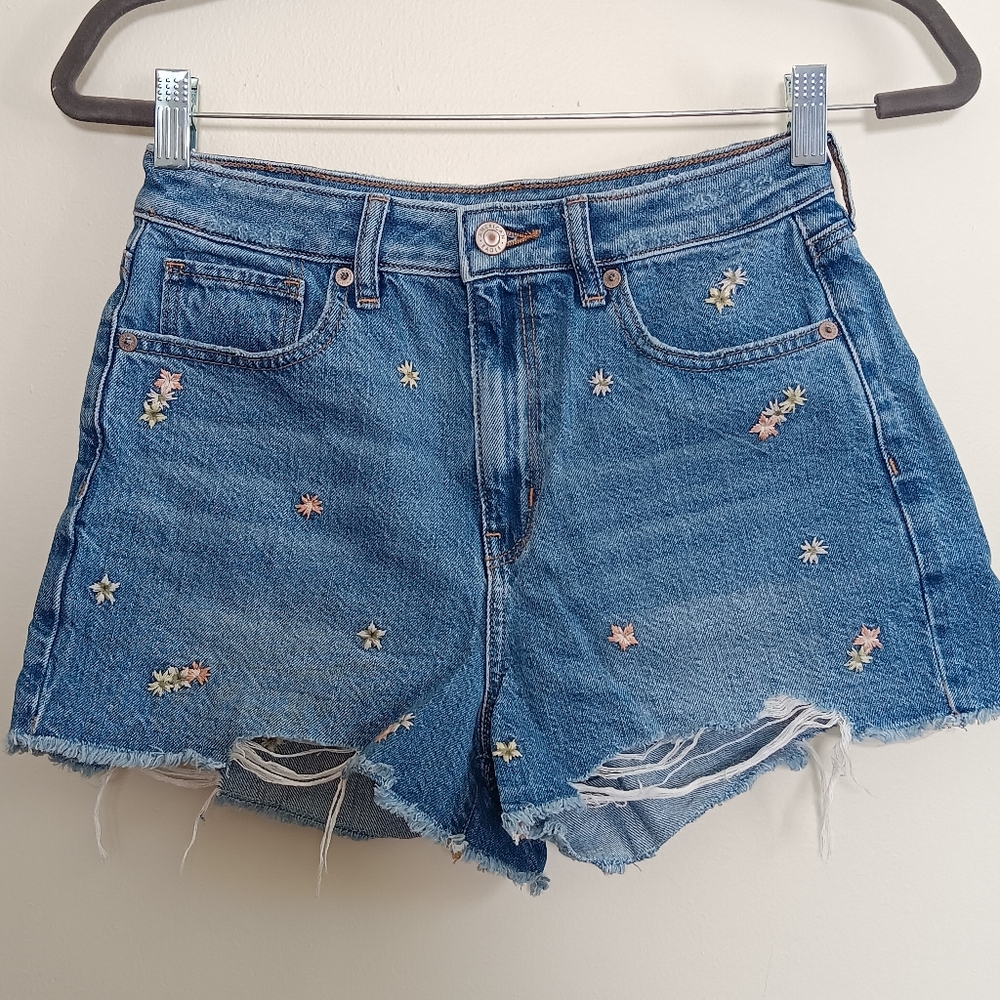 American Eagle Mom shorts, pink and yellow floral embroidery, size 2
